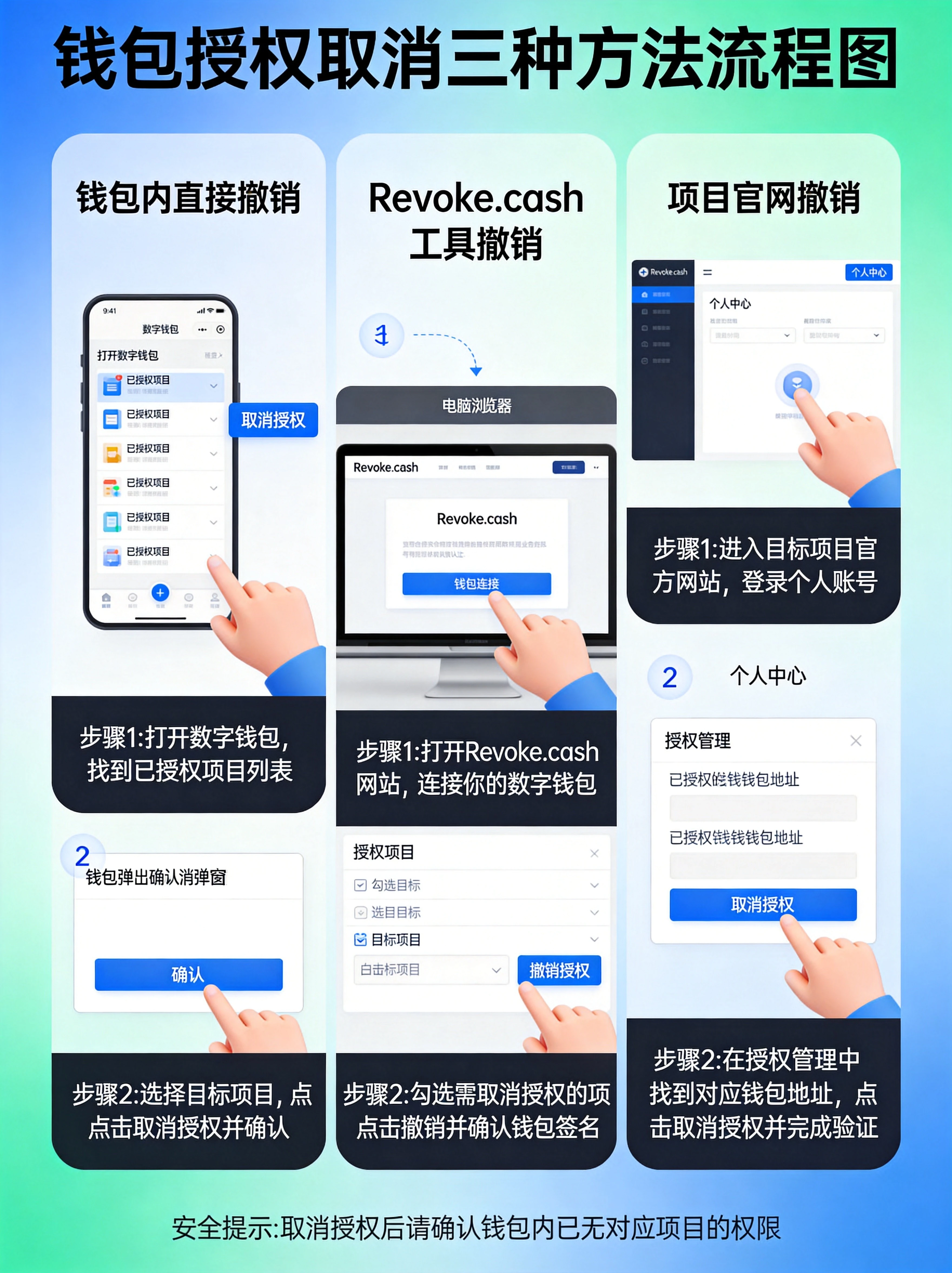 钱包授权取消三种方法对比流程图,钱包内直接撤销、Revoke.cash工具撤销、项目官网撤销的步骤可视化 钱包授权取消三种方法对比流程图,钱包内直接撤销、Revoke.cash工具撤销、项目官网撤销的步骤可视化