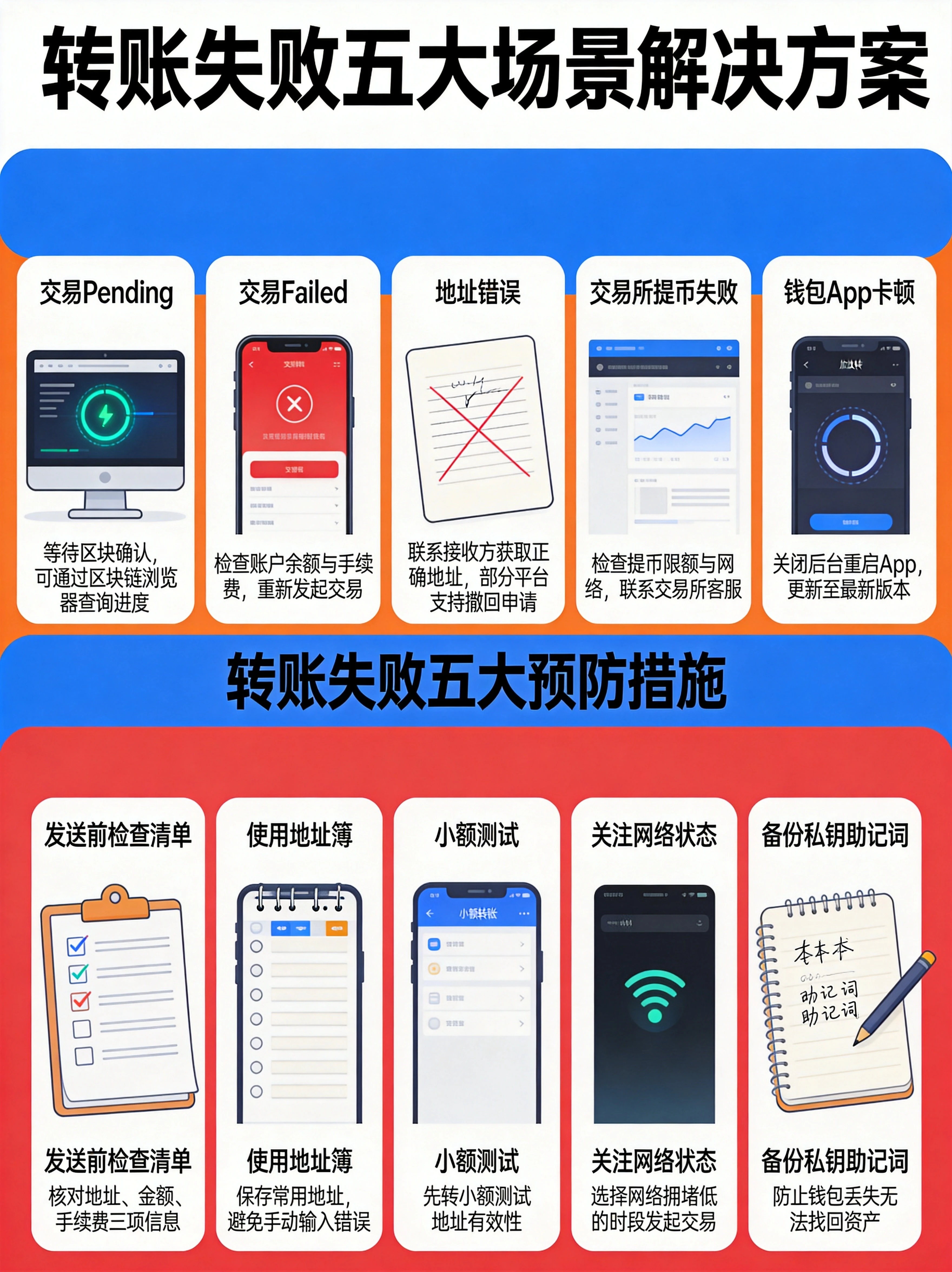 转账失败解决方案与预防清单图,展示交易Pending、交易Failed、地址错误、交易所提币失败、钱包App卡顿五大场景解决方案,以及发送前检查清单、使用地址簿、小额测试、关注网络状态四大预防措施 转账失败解决方案与预防清单图,展示交易Pending、交易Failed、地址错误、交易所提币失败、钱包App卡顿五大场景解决方案,以及发送前检查清单、使用地址簿、小额测试、关注网络状态四大预防措施