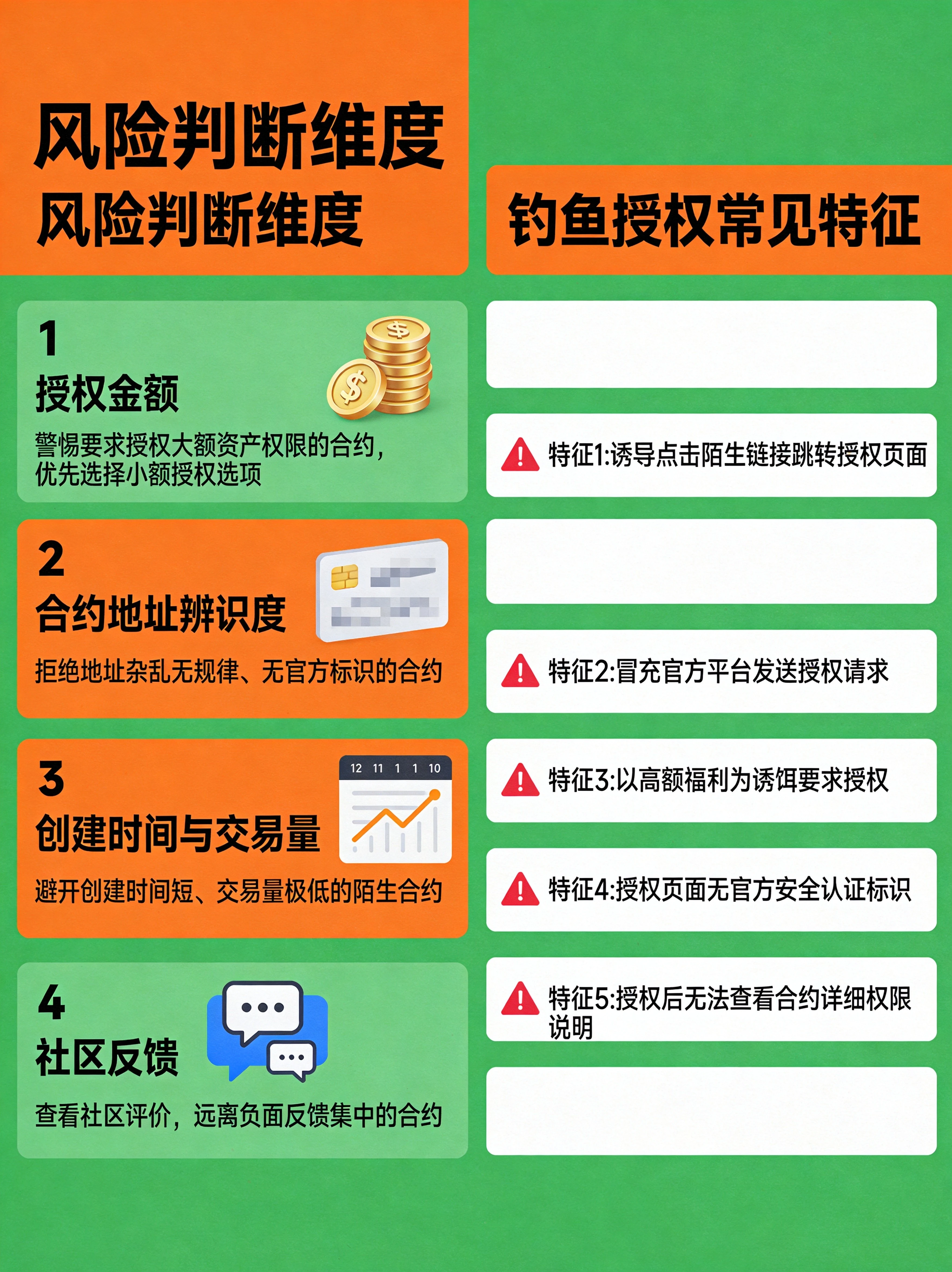 风险合约识别要点汇总图,整合风险判断维度和钓鱼授权特征,形成快速自查清单,帮助读者快速识别可疑授权。 风险合约识别要点汇总图,整合风险判断维度和钓鱼授权特征,形成快速自查清单,帮助读者快速识别可疑授权。