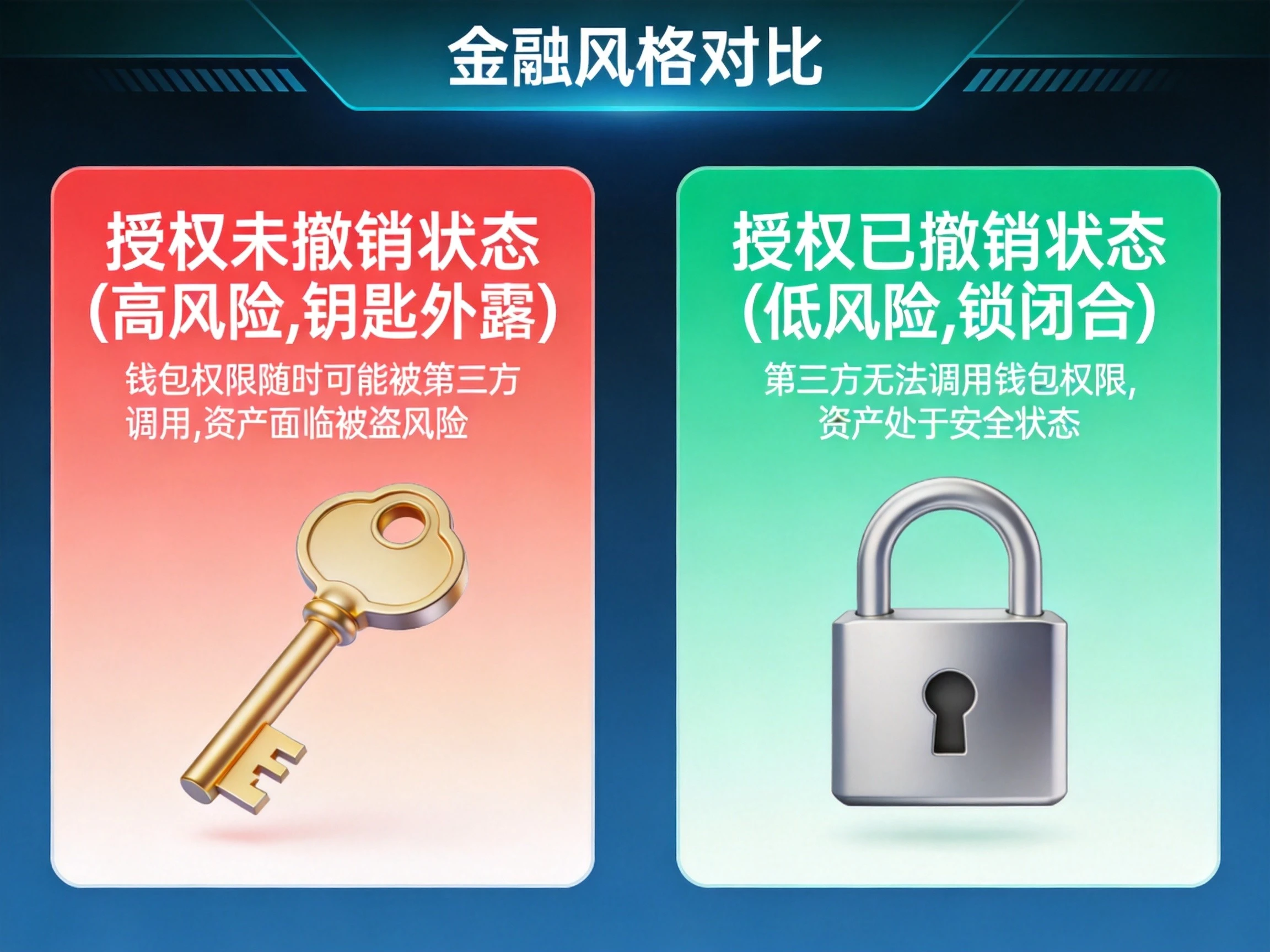 蓝绿色科技风格钱包授权风险对比信息图,左右分栏展示授权未撤销的高风险状态和撤销后的低风险安全状态 蓝绿色科技风格钱包授权风险对比信息图,左右分栏展示授权未撤销的高风险状态和撤销后的低风险安全状态