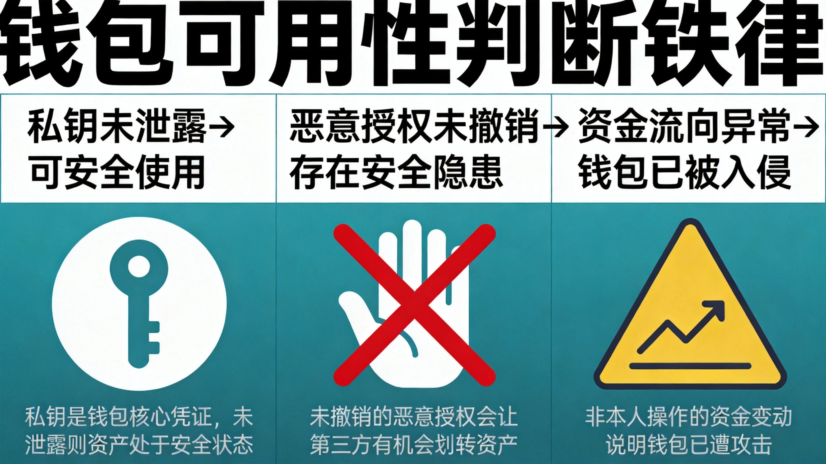 蓝绿色科技风格钱包可用性判断铁律信息图,展示私钥状态、授权状态、资金流向三个维度的风险判断逻辑 蓝绿色科技风格钱包可用性判断铁律信息图,展示私钥状态、授权状态、资金流向三个维度的风险判断逻辑