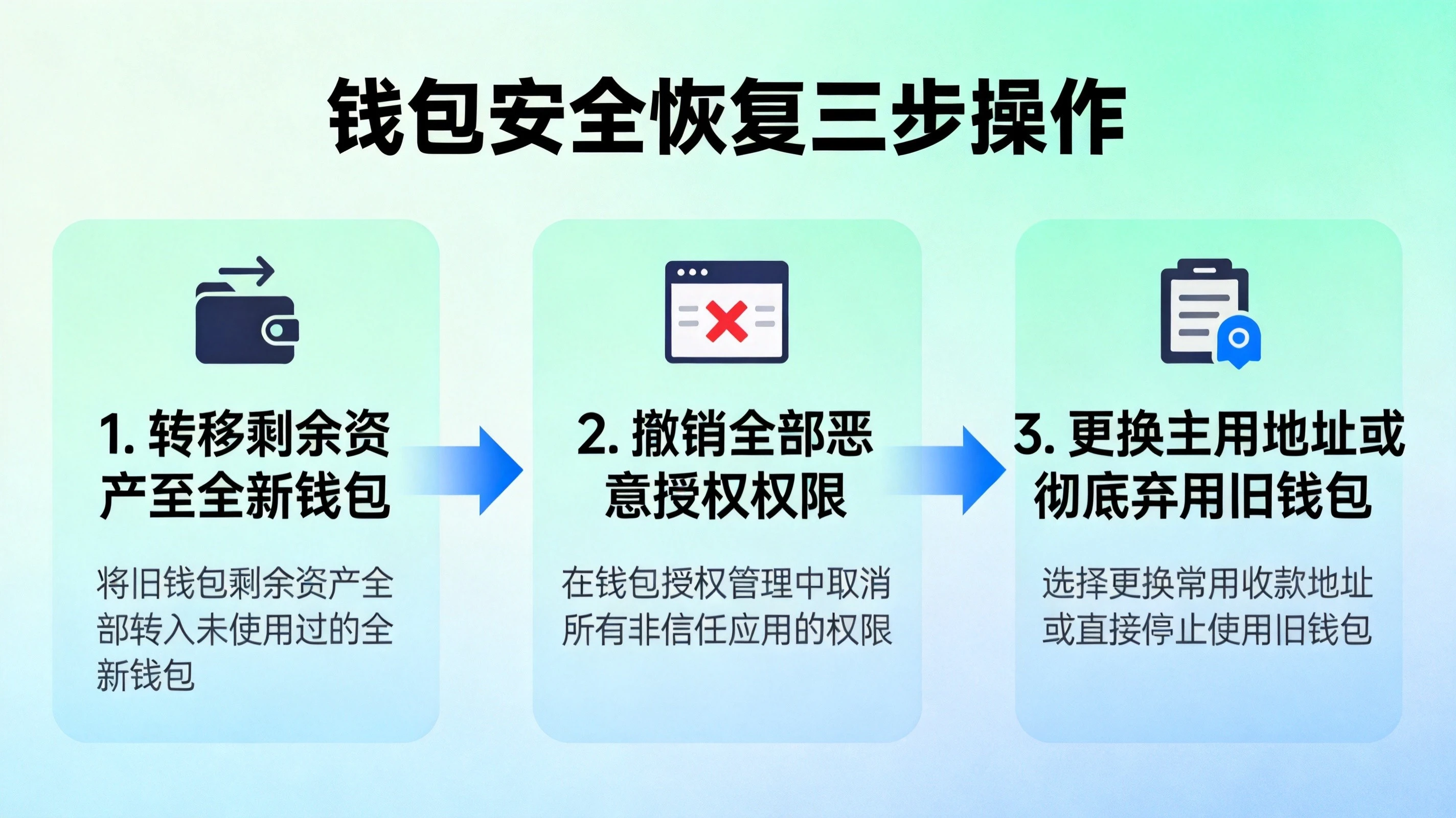蓝绿色科技风格钱包安全恢复步骤信息图,展示转移资产、撤销授权、更换地址三步操作流程,逻辑清晰直观 蓝绿色科技风格钱包安全恢复步骤信息图,展示转移资产、撤销授权、更换地址三步操作流程,逻辑清晰直观