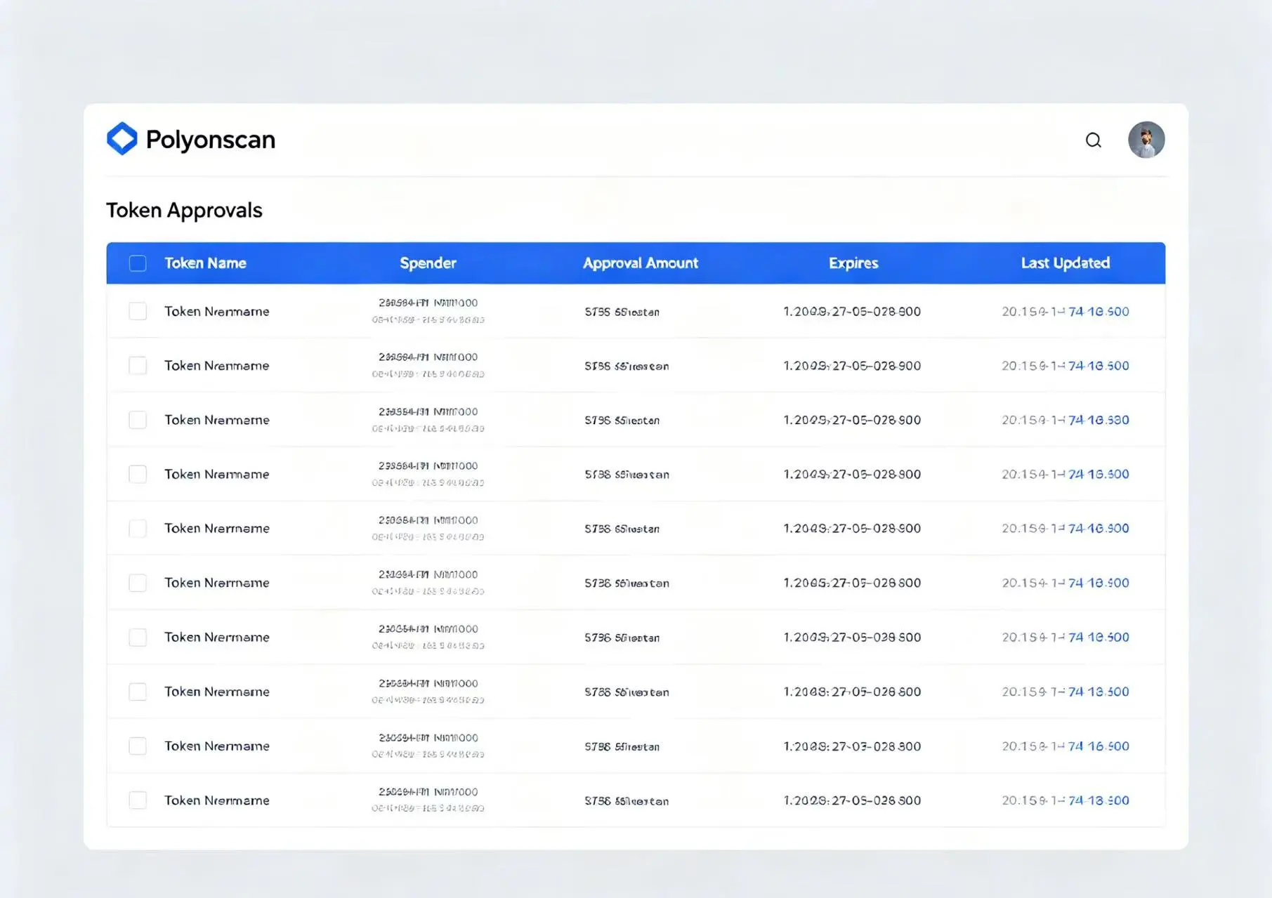 Polygonscan 的 Token Approvals 页面示意图,展示代币授权列表和撤销按钮 Polygonscan 的 Token Approvals 页面示意图,展示代币授权列表和撤销按钮