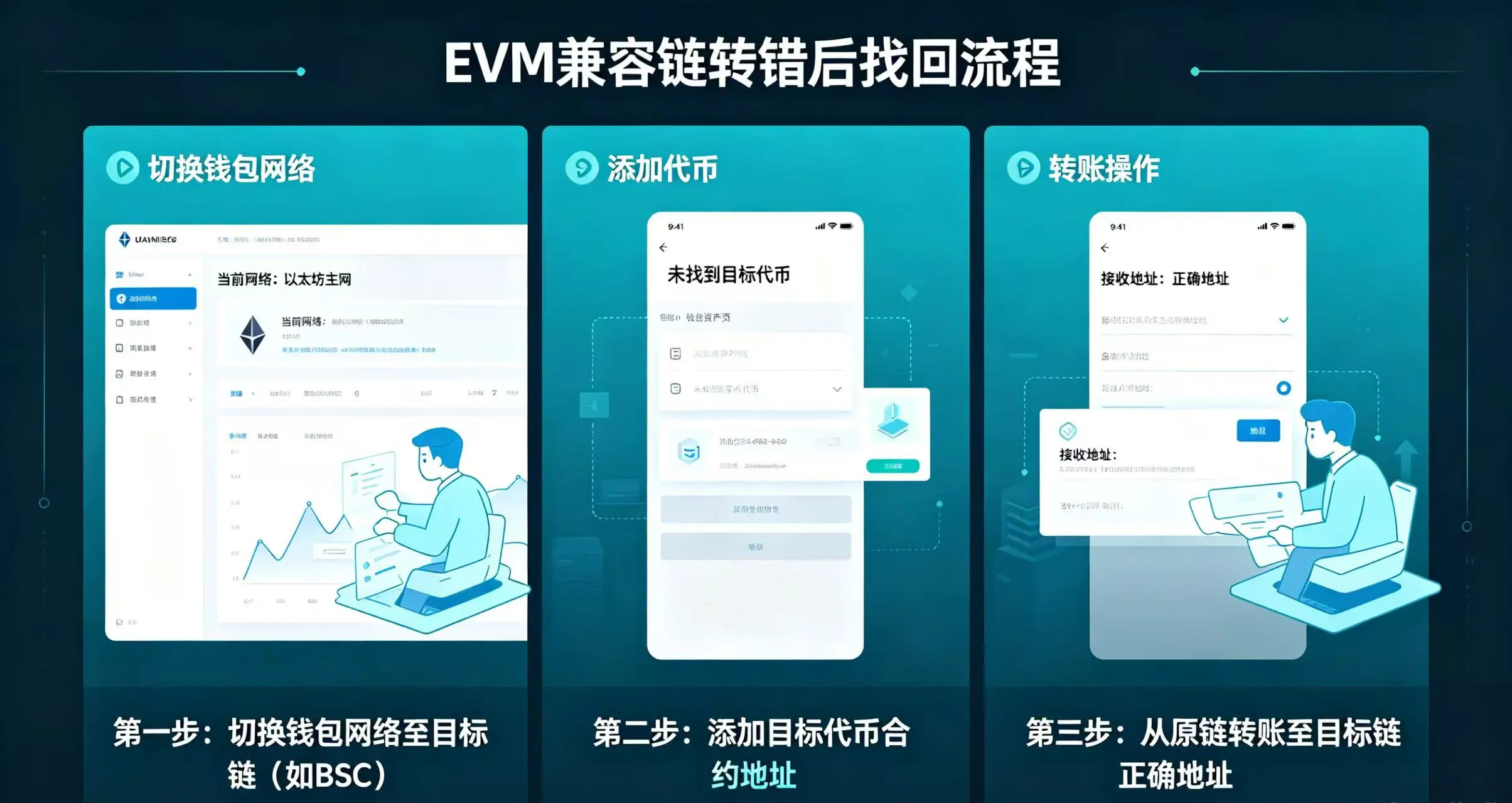 EVM 兼容链转错找回流程,展示切换网络和转账步骤 EVM 兼容链转错找回流程,展示切换网络和转账步骤