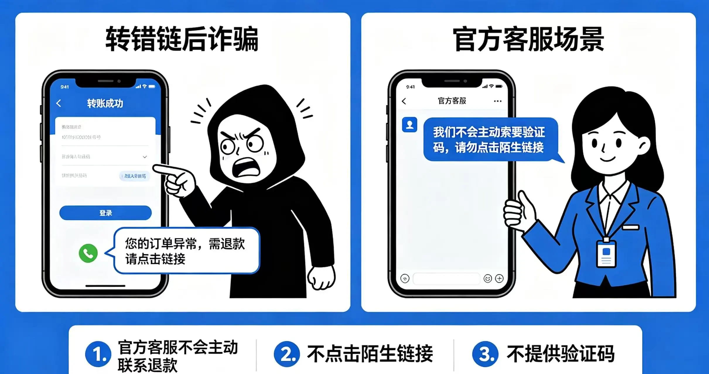 转错链防骗对比,展示官方客服和诈骗的区别 转错链防骗对比,展示官方客服和诈骗的区别