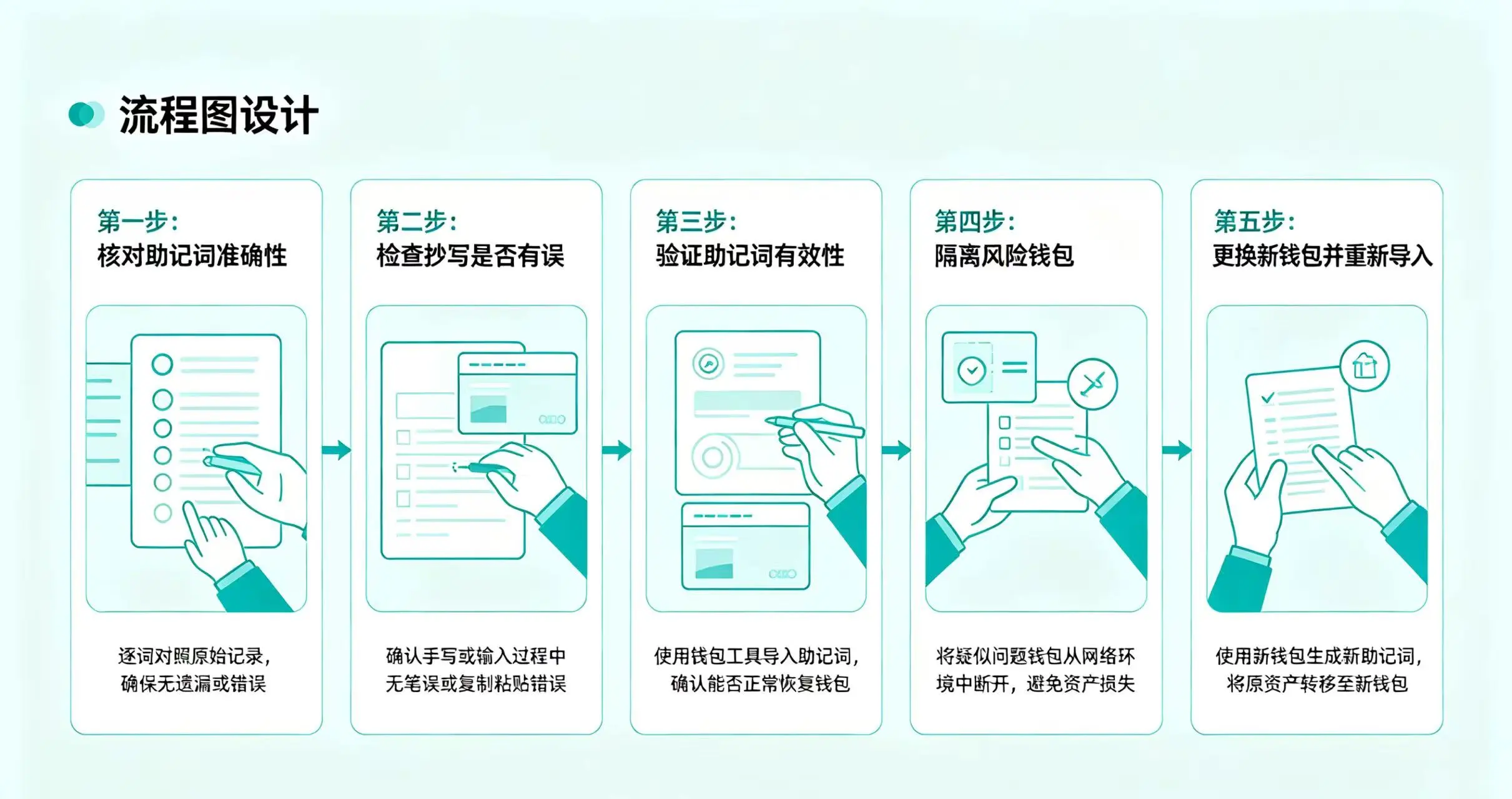 助记词排查流程，呈现从核对词本身到更换钱包的完整排查步骤
