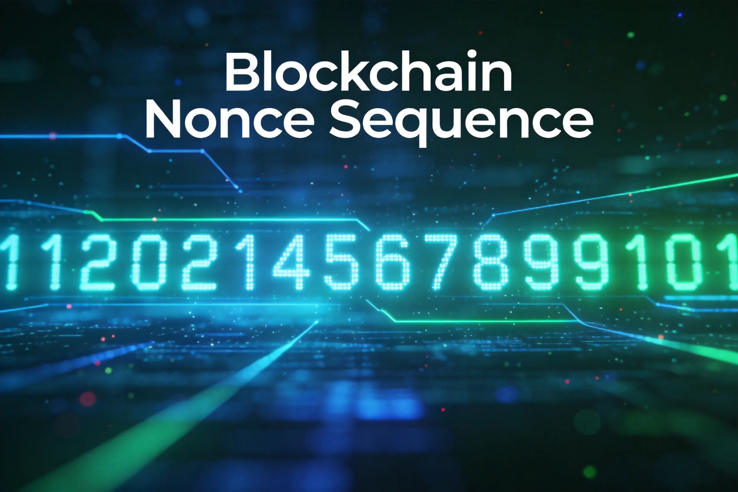 蓝绿科技风格区块链Nonce序列示意图，0-1-2交易顺序排列与防重放攻击