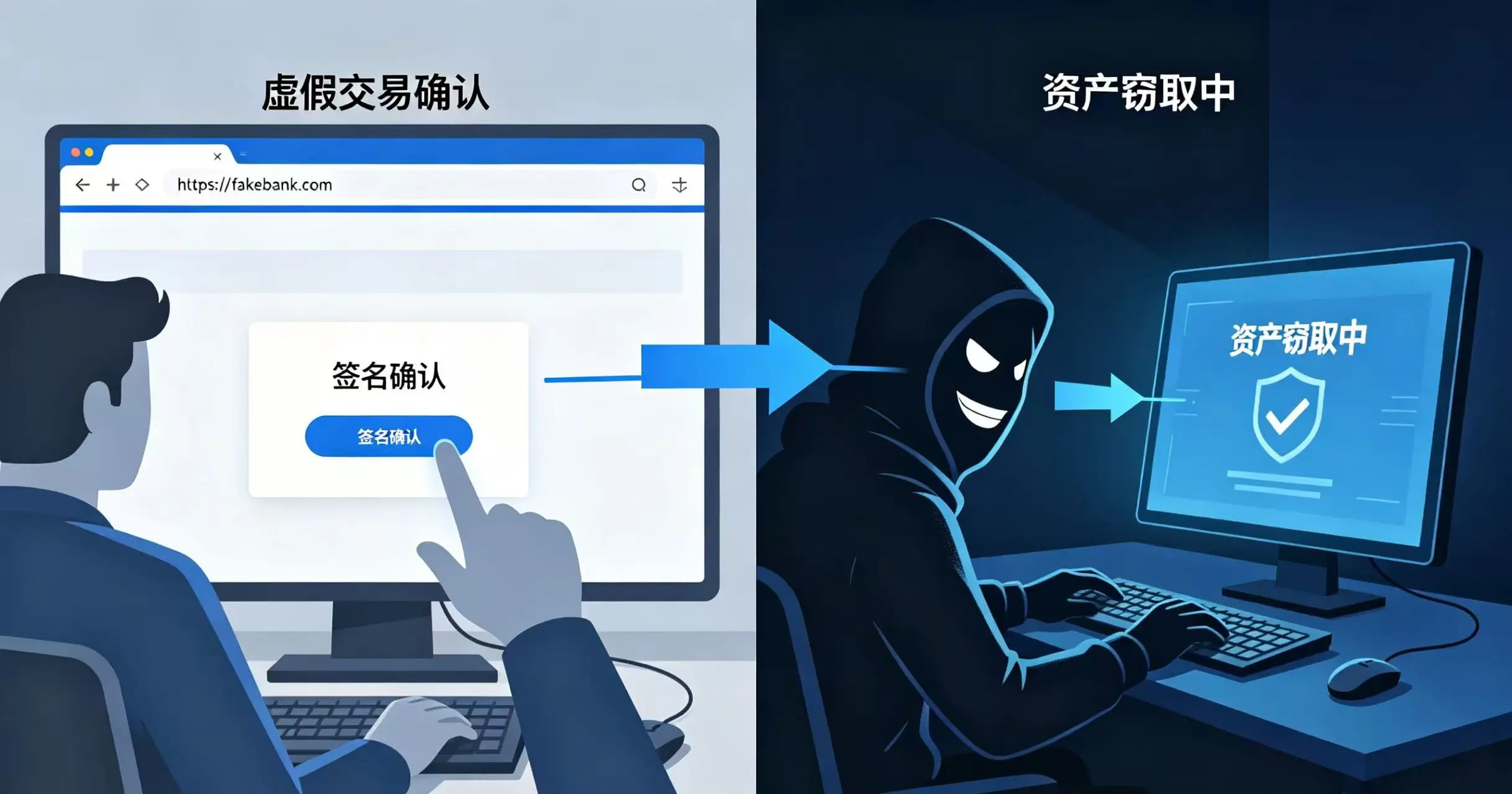 用户在假网站点击签名确认，攻击者在背后窃取资产