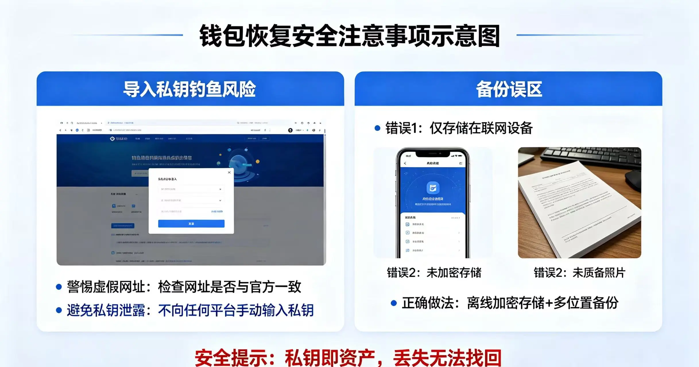 钱包恢复安全注意事项示意图,清晰展示导入私钥时的钓鱼风险和备份误区 钱包恢复安全注意事项示意图,清晰展示导入私钥时的钓鱼风险和备份误区