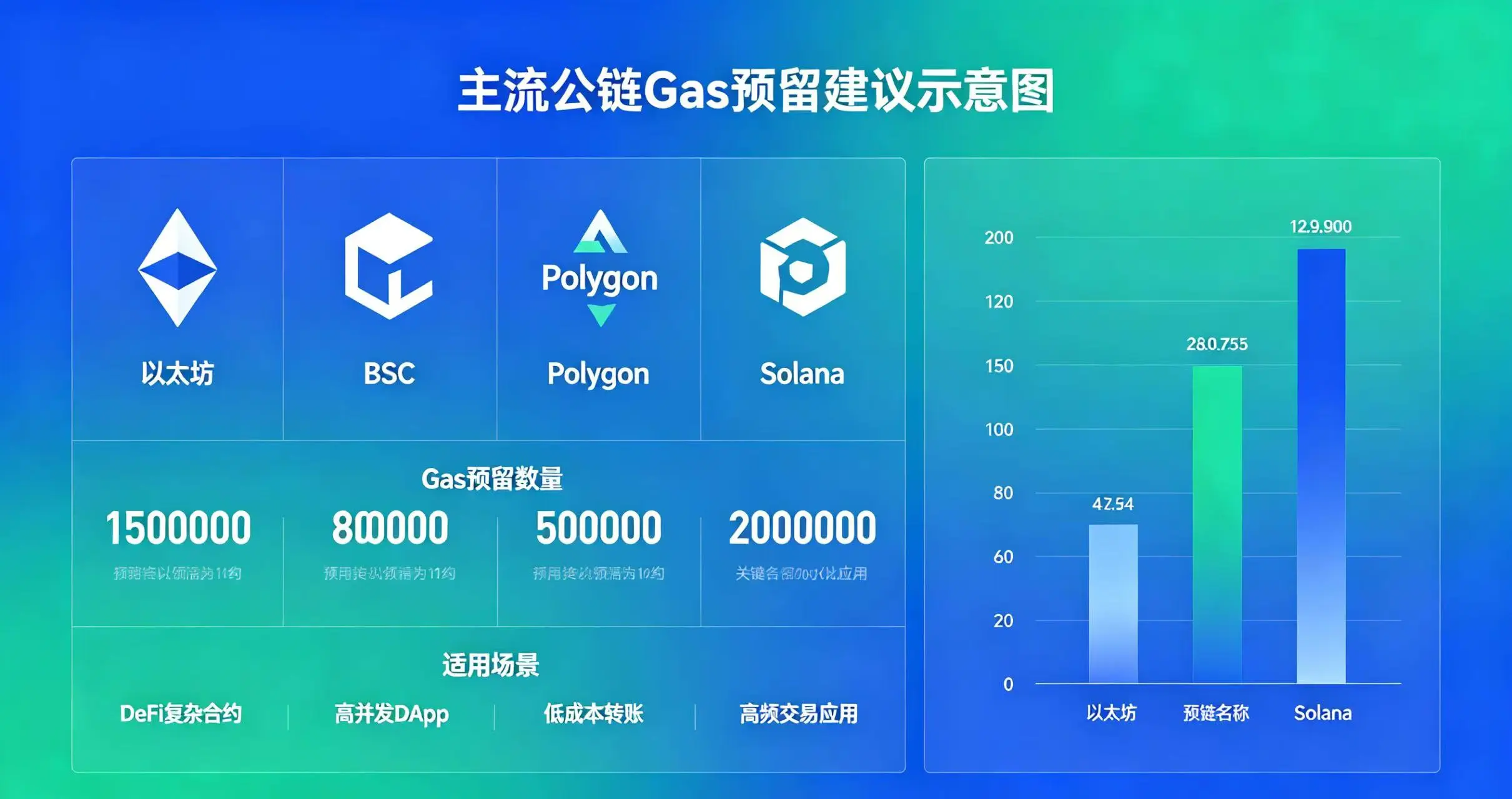 主流公链 Gas 预留建议示意图,清晰展示以太坊、BSC、Polygon、Solana 等公链的 Gas 预留数量和适用场景 主流公链 Gas 预留建议示意图,清晰展示以太坊、BSC、Polygon、Solana 等公链的 Gas 预留数量和适用场景