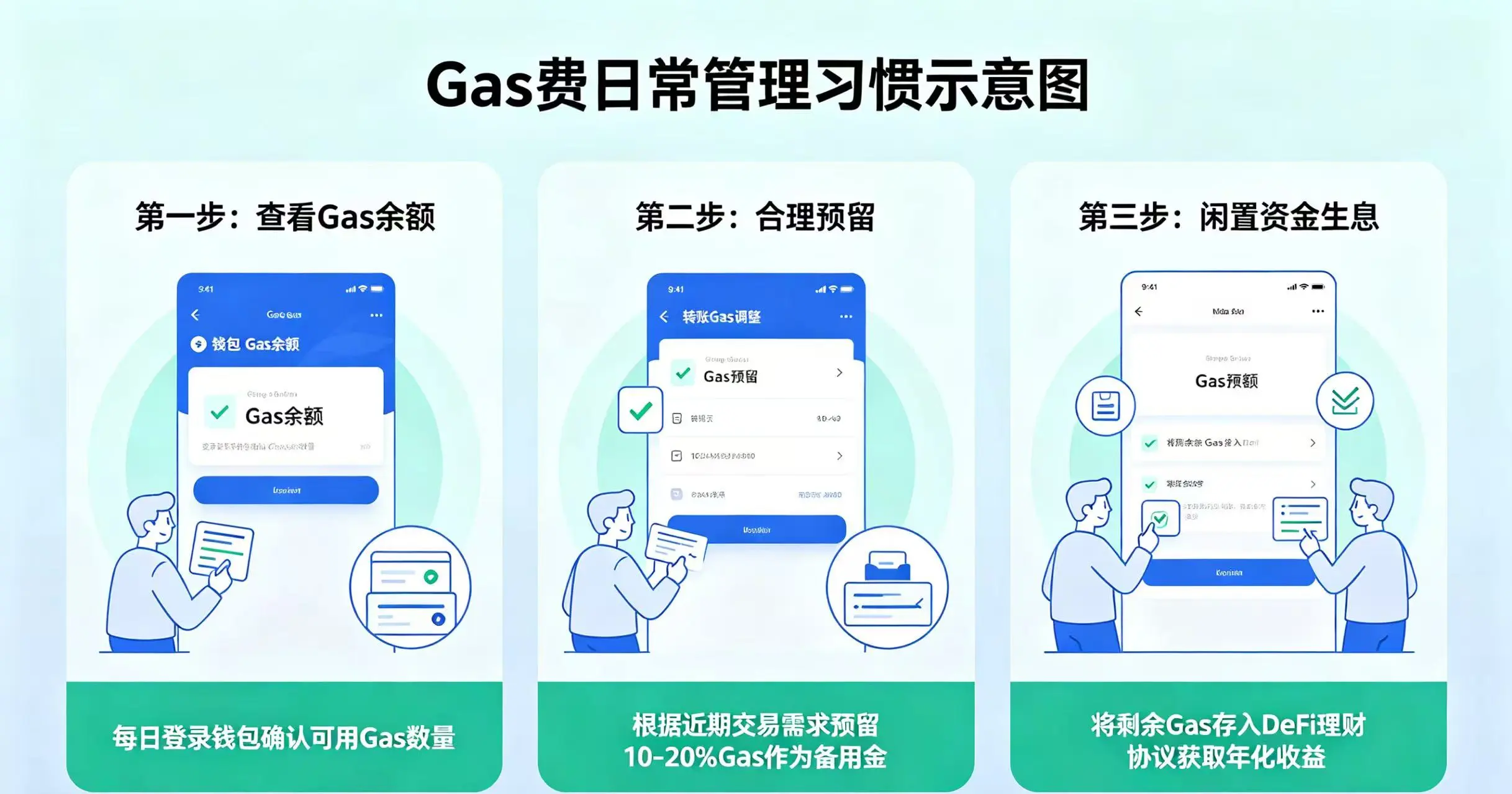 Gas 费日常管理习惯示意图,直观呈现查看 Gas 余额、合理预留、闲置资金生息的日常管理流程 Gas 费日常管理习惯示意图,直观呈现查看 Gas 余额、合理预留、闲置资金生息的日常管理流程