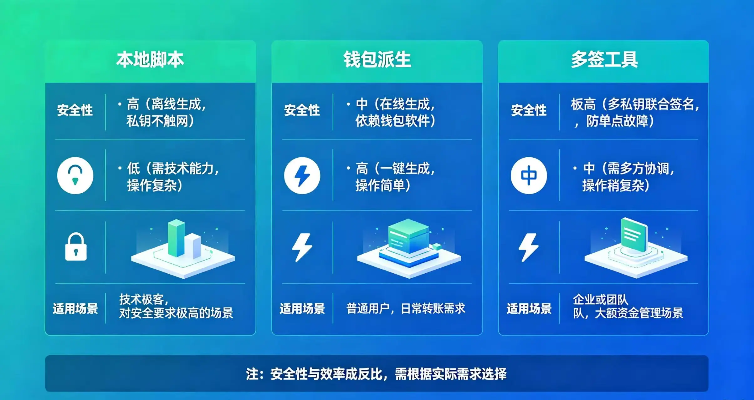 批量生成钱包地址路径对比示意图,直观呈现本地脚本、钱包派生、多签工具三种生成方式的安全性、效率和适用场景差异 批量生成钱包地址路径对比示意图,直观呈现本地脚本、钱包派生、多签工具三种生成方式的安全性、效率和适用场景差异