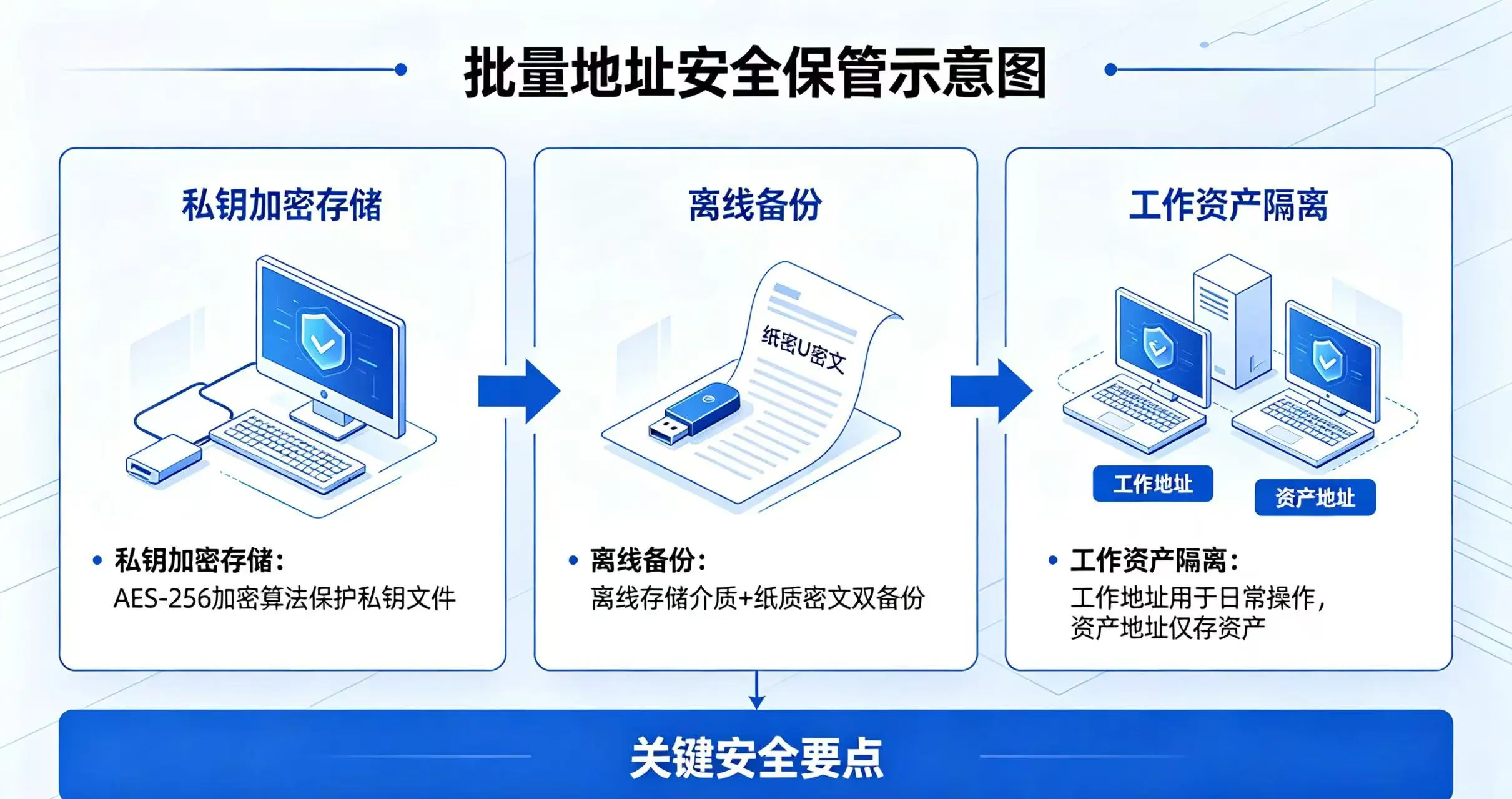 批量地址安全保管示意图,清晰展示私钥加密存储、离线备份、工作资产隔离等关键安全要点 批量地址安全保管示意图,清晰展示私钥加密存储、离线备份、工作资产隔离等关键安全要点