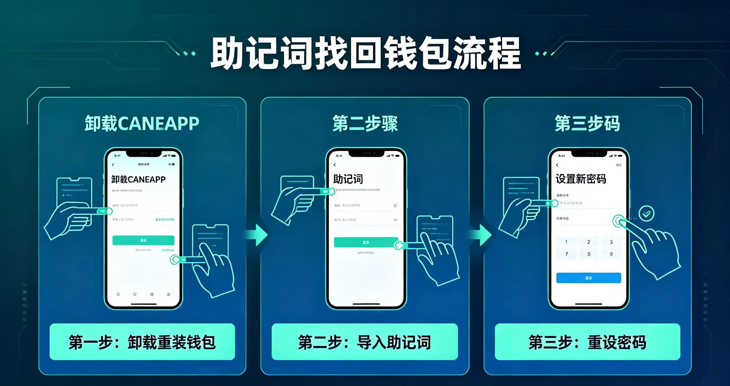 助记词找回钱包流程示意图,展示卸载重装钱包、导入助记词和重设密码的步骤。 助记词找回钱包流程示意图,展示卸载重装钱包、导入助记词和重设密码的步骤。
