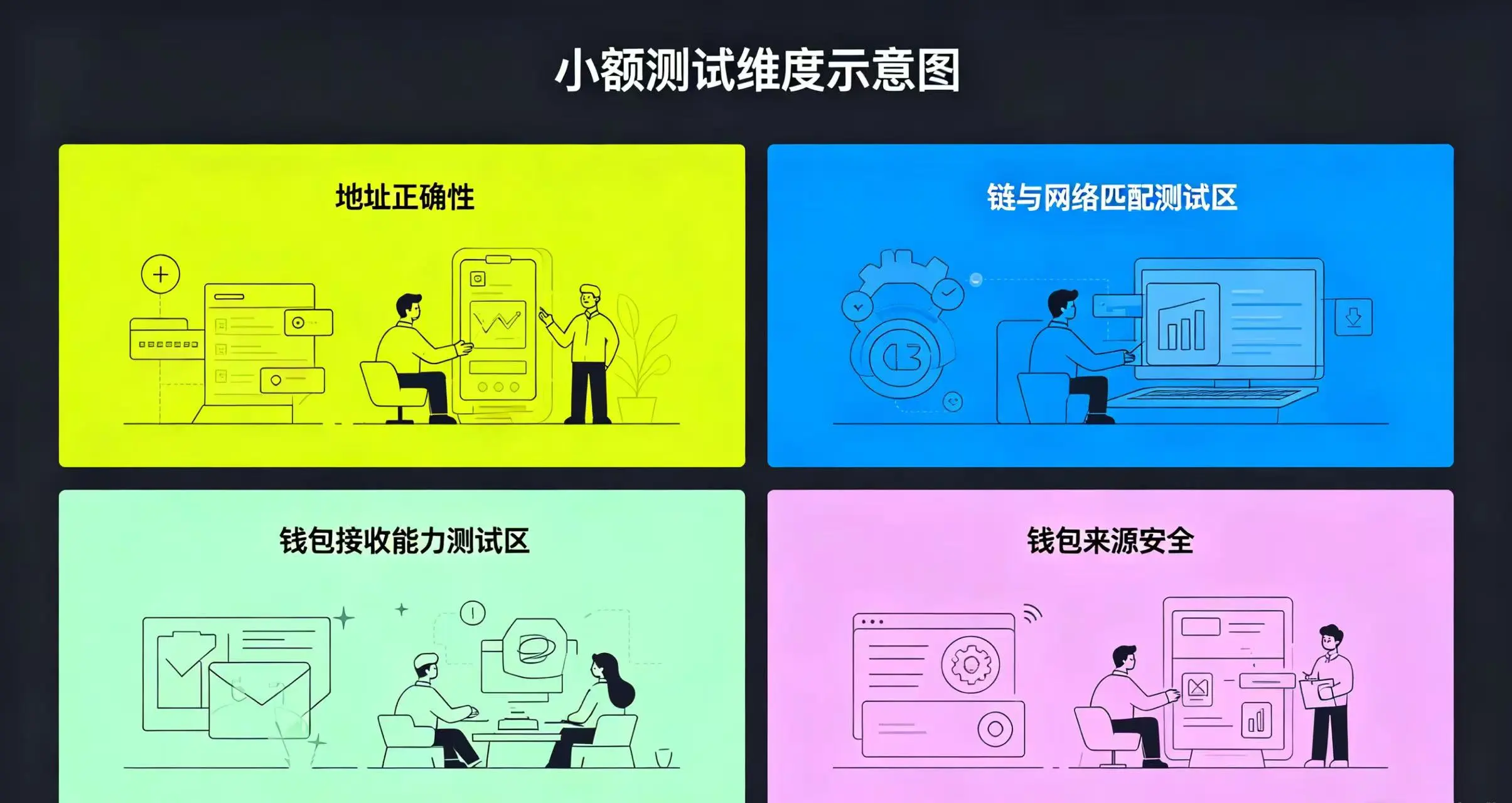 小额测试维度示意图，清晰呈现地址正确性、链与网络匹配、钱包接收能力和钱包来源安全四个测试方向。