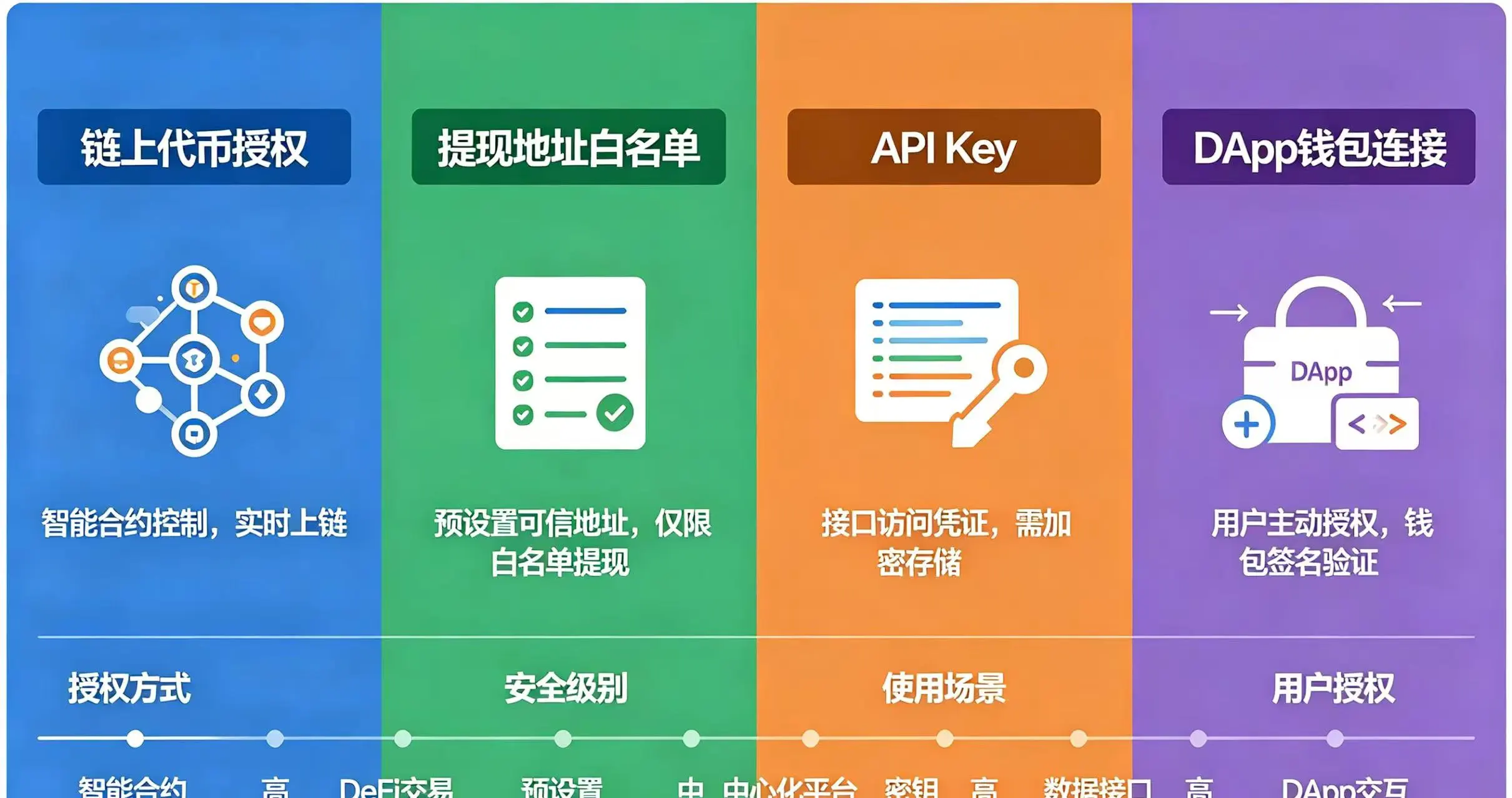 四类授权(链上代币、提现白名单、API Key、DApp 连接)对比信息图 四类授权(链上代币、提现白名单、API Key、DApp 连接)对比信息图