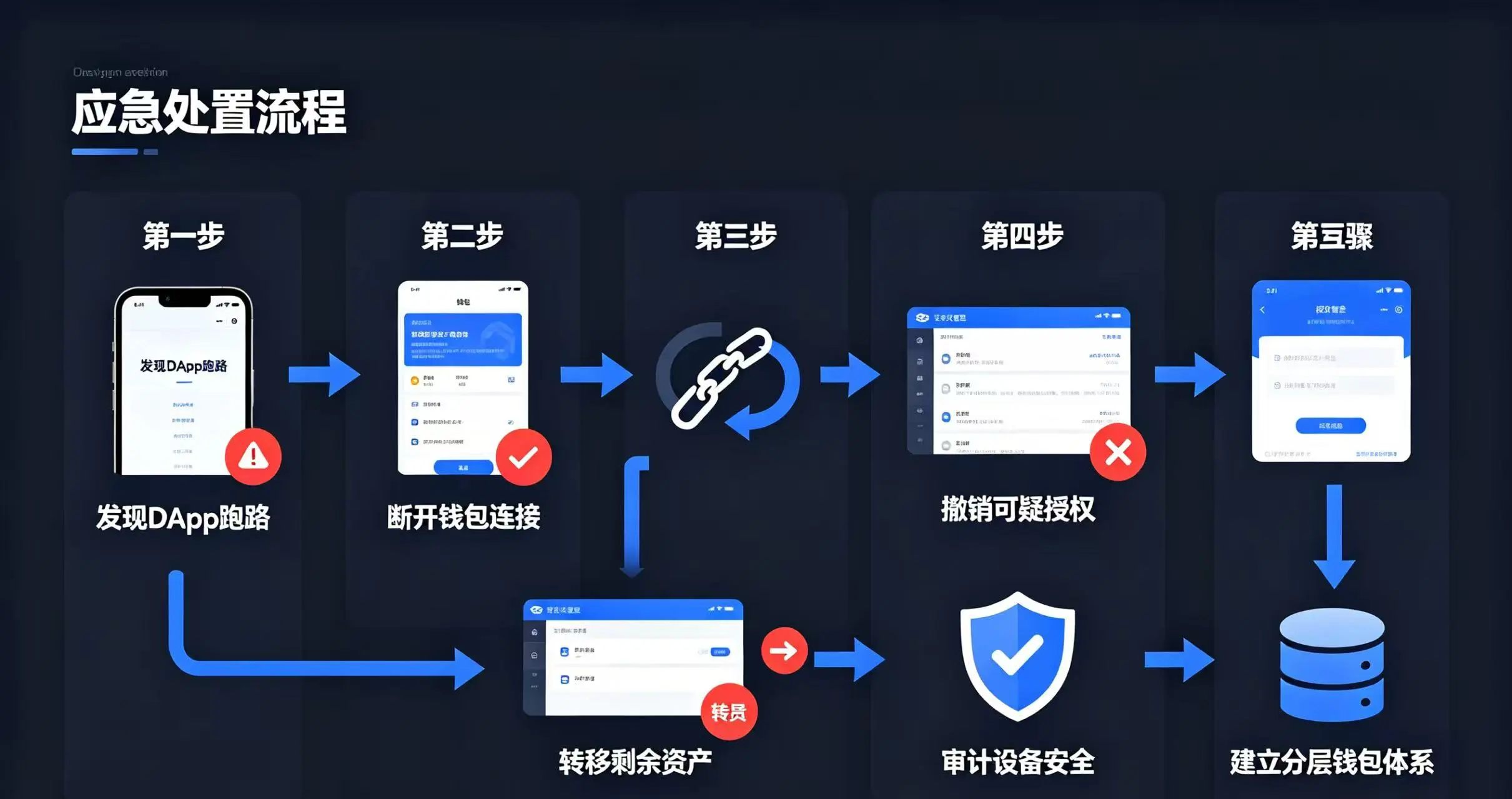 展示 DApp 跑路后五步应急处置流程的流程图,包括断开连接、撤销授权、转移资产等关键步骤。 展示 DApp 跑路后五步应急处置流程的流程图,包括断开连接、撤销授权、转移资产等关键步骤。