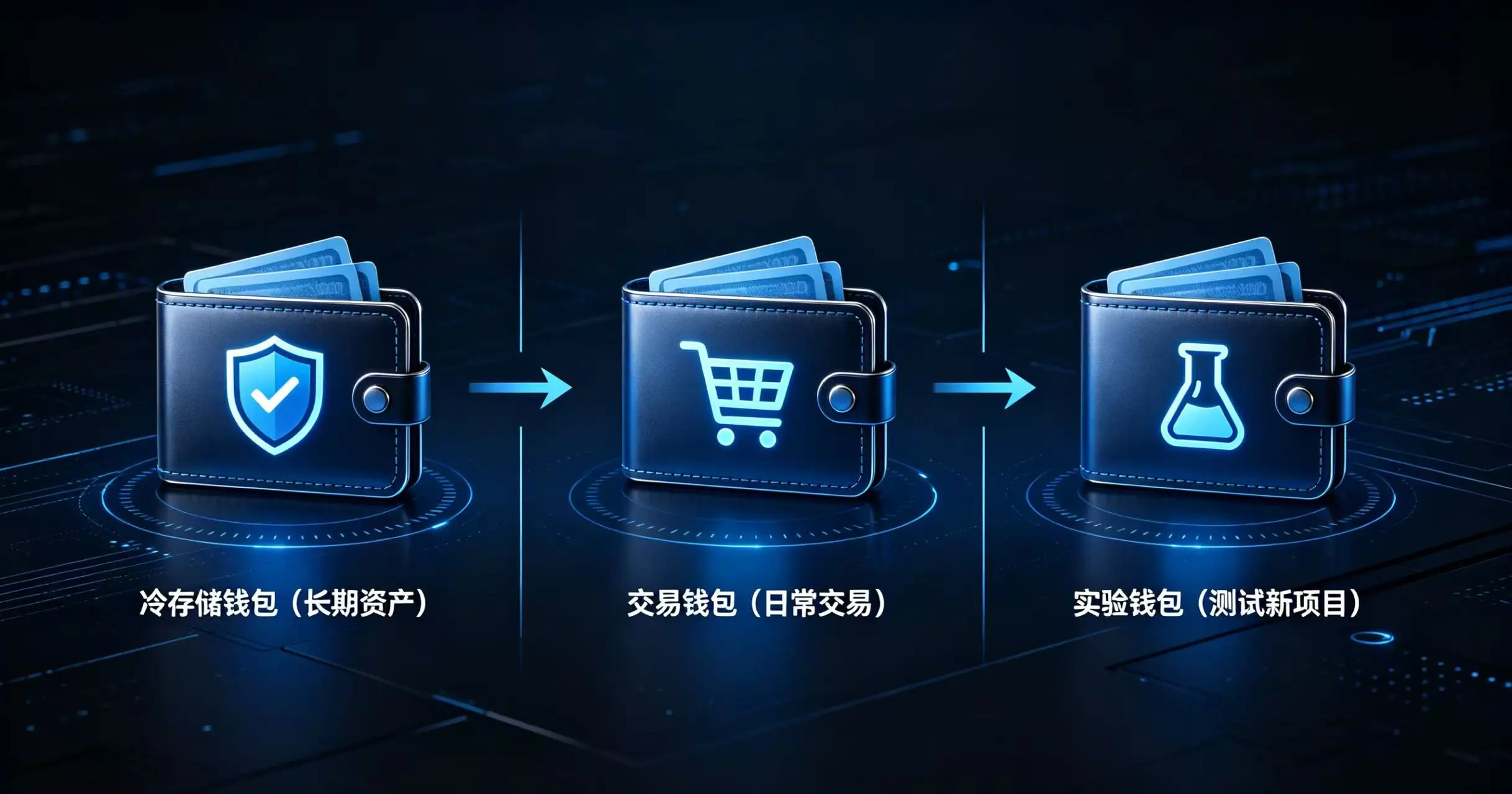 展示 “冷存储钱包”、“交易钱包”、“实验钱包” 三层结构的示意图,体现了风险隔离的原则。 展示 “冷存储钱包”、“交易钱包”、“实验钱包” 三层结构的示意图,体现了风险隔离的原则。