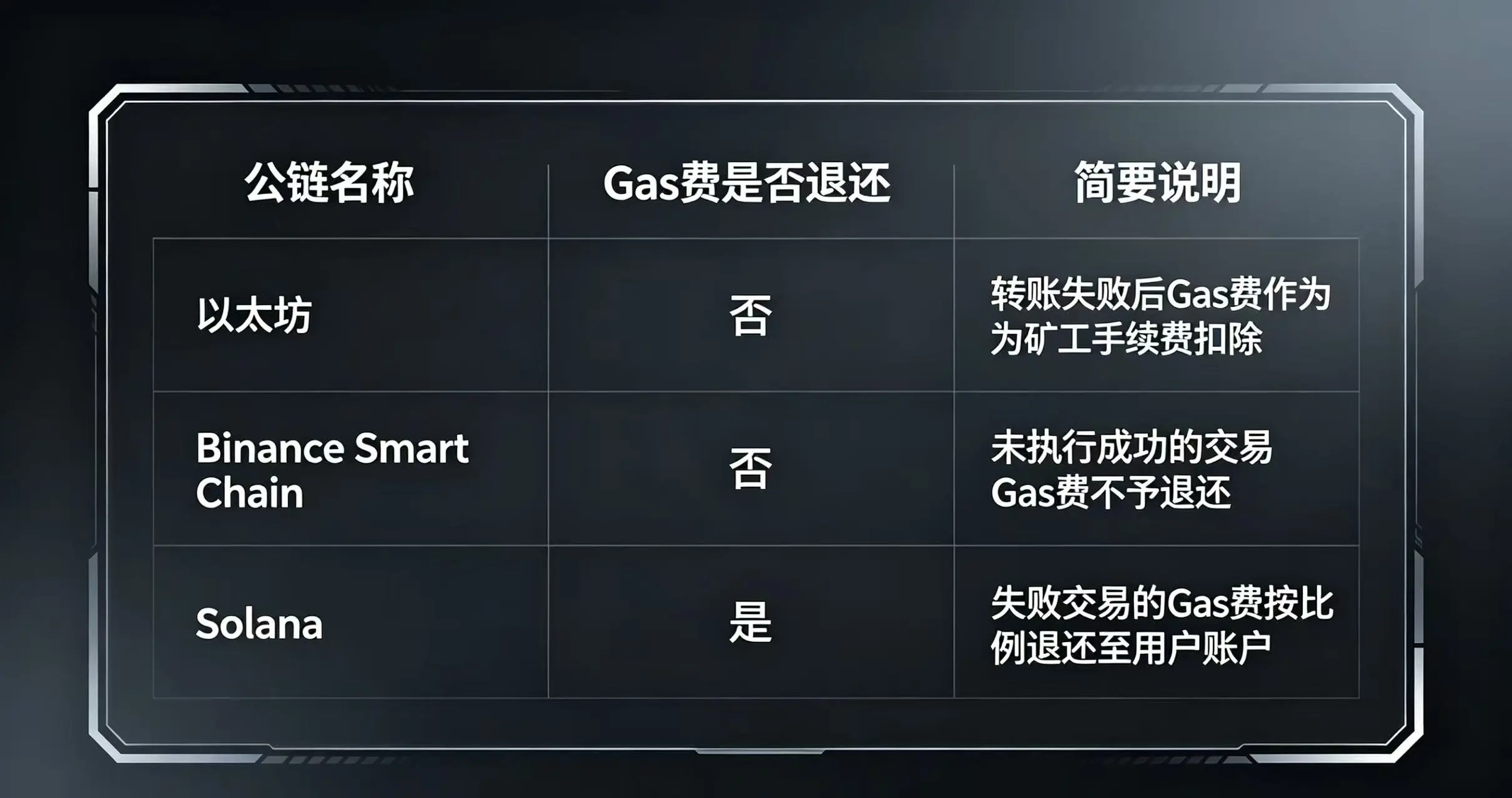 对比以太坊、BSC、Solana 等主流公链在转账失败后是否退还 Gas 费的表格。 对比以太坊、BSC、Solana 等主流公链在转账失败后是否退还 Gas 费的表格。