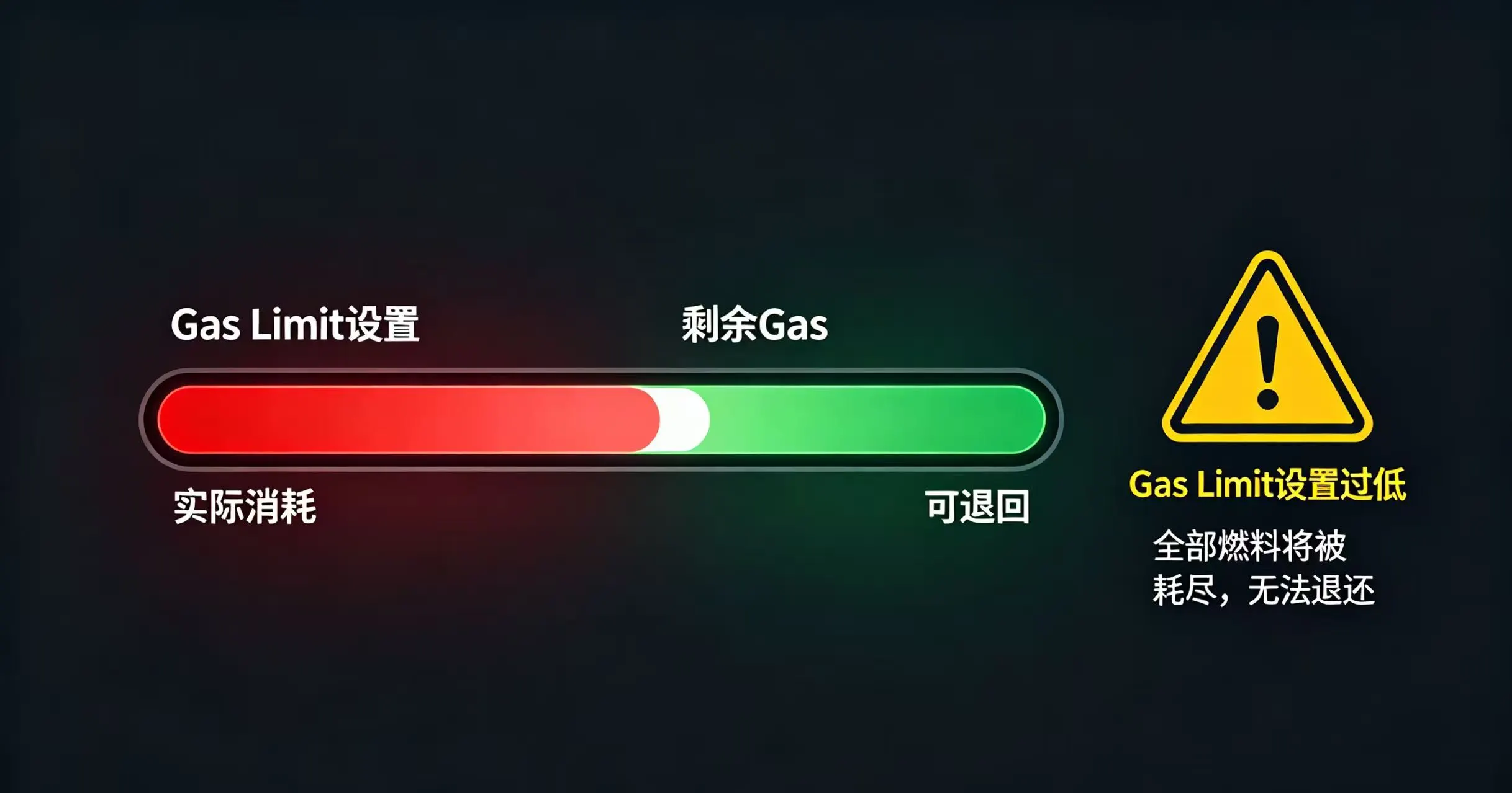 展示 Gas Limit 设置、实际消耗和剩余可退还部分关系的示意图,并警告设置过低的风险。 展示 Gas Limit 设置、实际消耗和剩余可退还部分关系的示意图,并警告设置过低的风险。