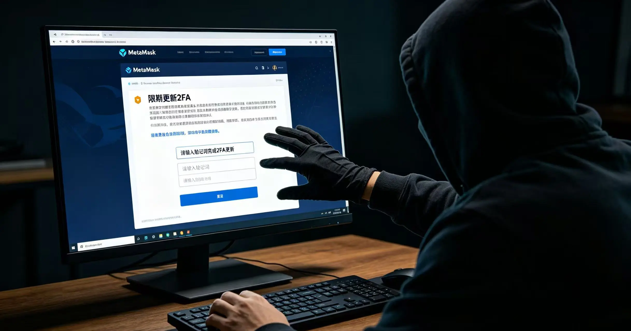 一个用户收到伪装成 MetaMask 官方的钓鱼邮件,点击链接后进入仿冒网站,黑客正准备窃取其输入的助记词。 一个用户收到伪装成 MetaMask 官方的钓鱼邮件,点击链接后进入仿冒网站,黑客正准备窃取其输入的助记词。
