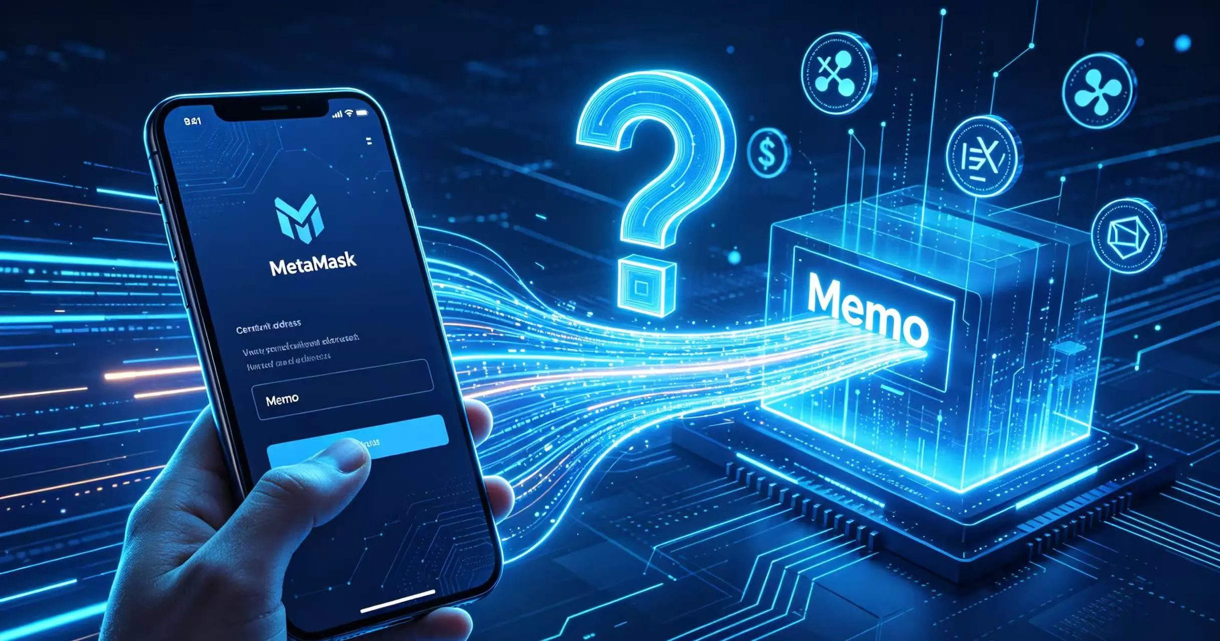 用户通过钱包向交易所充值,Memo 输入框上悬浮着巨大问号的示意图。 用户通过钱包向交易所充值,Memo 输入框上悬浮着巨大问号的示意图。