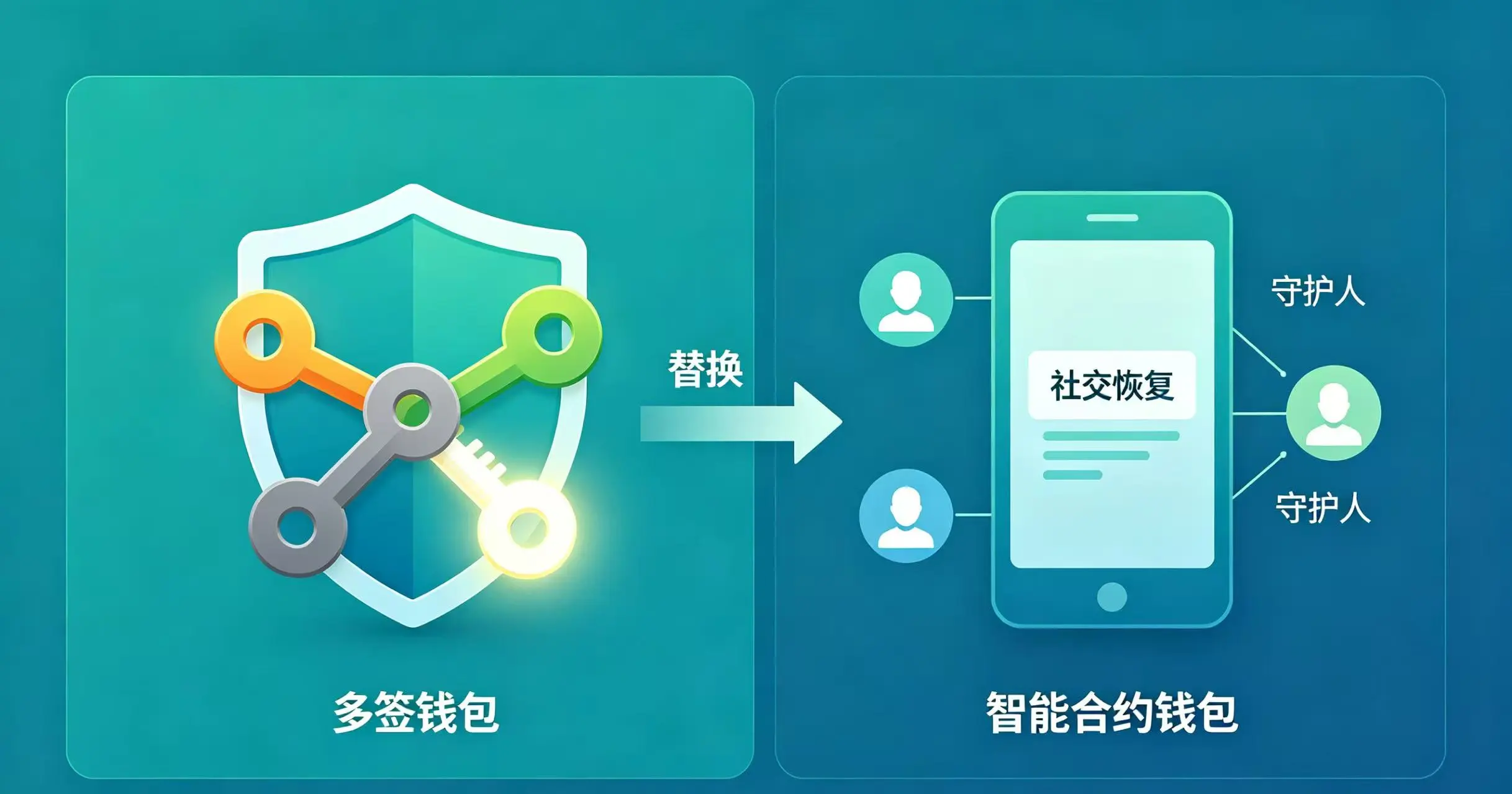 多签与智能合约钱包找回机制示意图,展示了多签钱包可替换丢失的私钥,以及智能合约钱包可通过社交恢复功能找回资产。 多签与智能合约钱包找回机制示意图,展示了多签钱包可替换丢失的私钥,以及智能合约钱包可通过社交恢复功能找回资产。