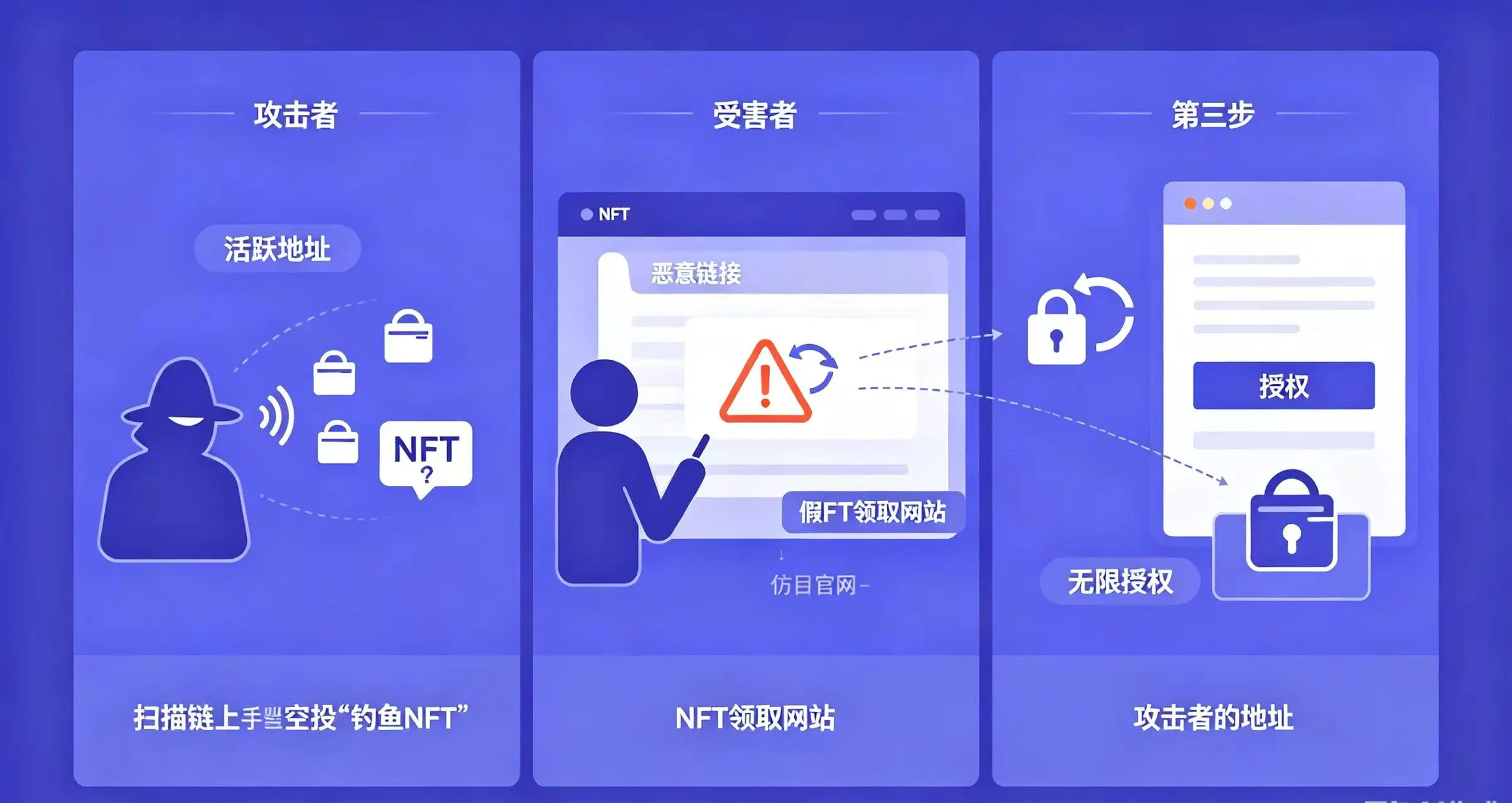 NFT 钓鱼攻击链示意图,展示了攻击者撒网、受害者点击链接、授权资产被转移的完整过程。 NFT 钓鱼攻击链示意图,展示了攻击者撒网、受害者点击链接、授权资产被转移的完整过程。