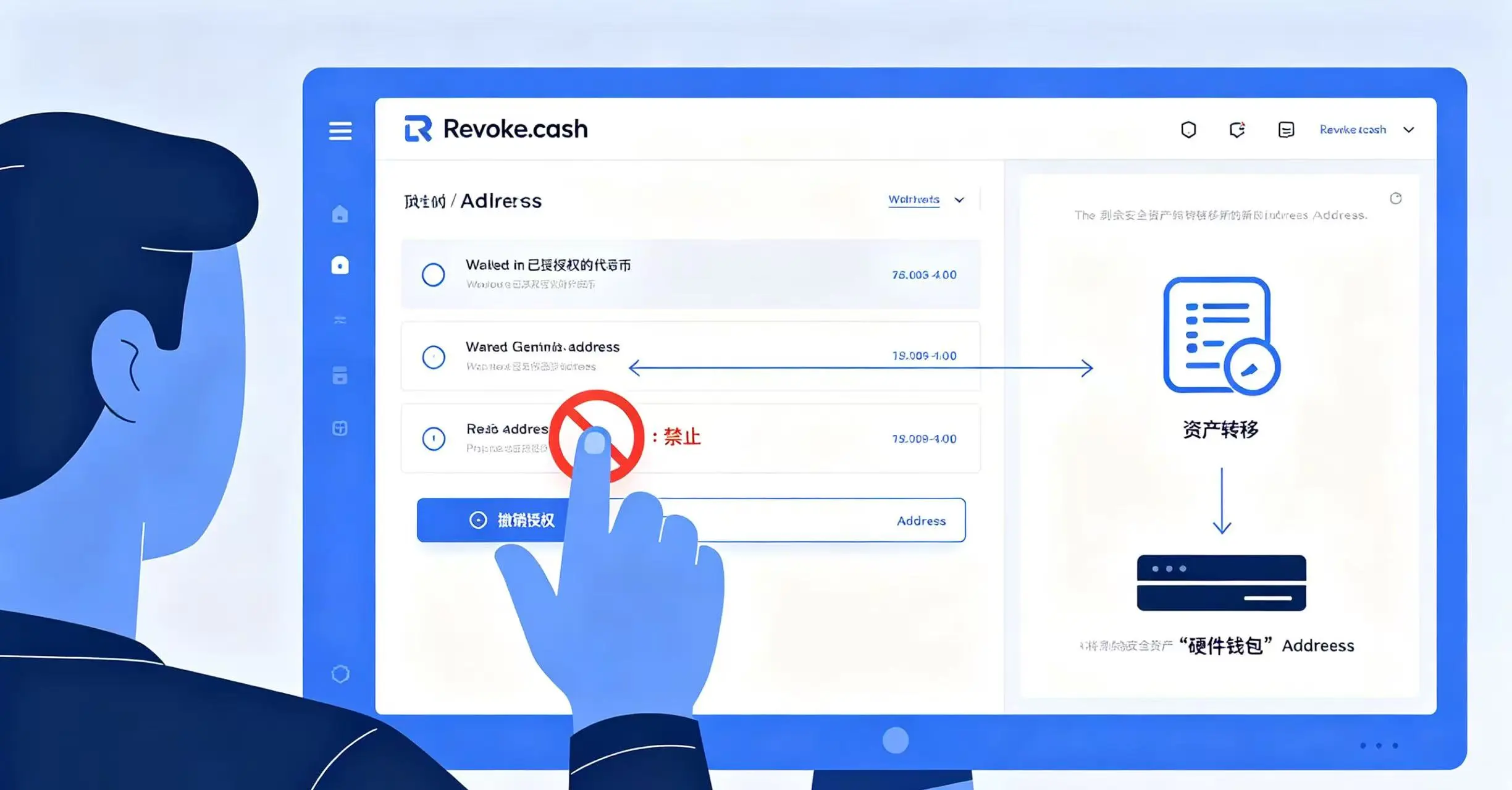 紧急止损操作示意图,展示了用户使用撤销授权工具取消恶意授权,并将剩余资产转移到安全钱包的场景。 紧急止损操作示意图,展示了用户使用撤销授权工具取消恶意授权,并将剩余资产转移到安全钱包的场景。