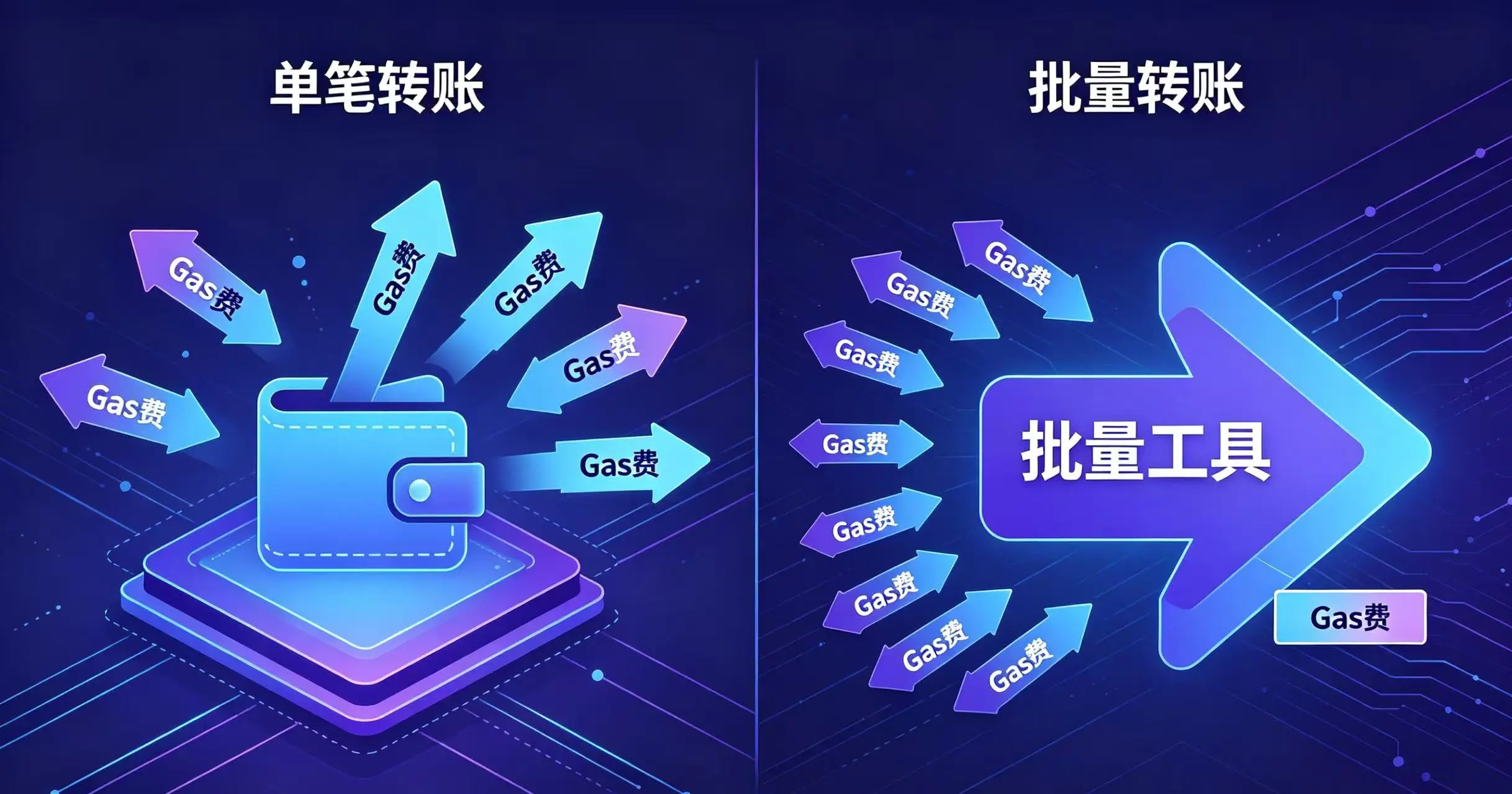 画面一分为二，左边是多笔独立转账，Gas 费高昂；右边是批量转账，所有交易被合并，Gas 费显著降低。