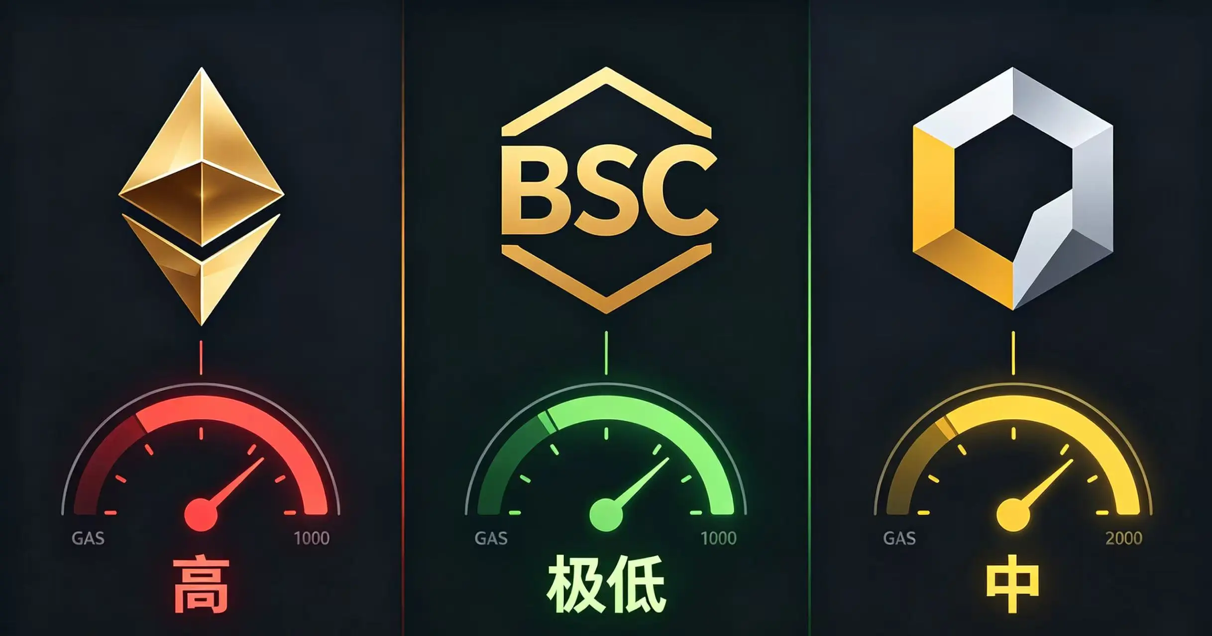 以太坊、BSC、Polygon 三个公链的 Gas 费仪表盘对比，以太坊指针指向红色 “高” 区，BSC 指向绿色 “极低” 区，Polygon 指向黄色 “中” 区。