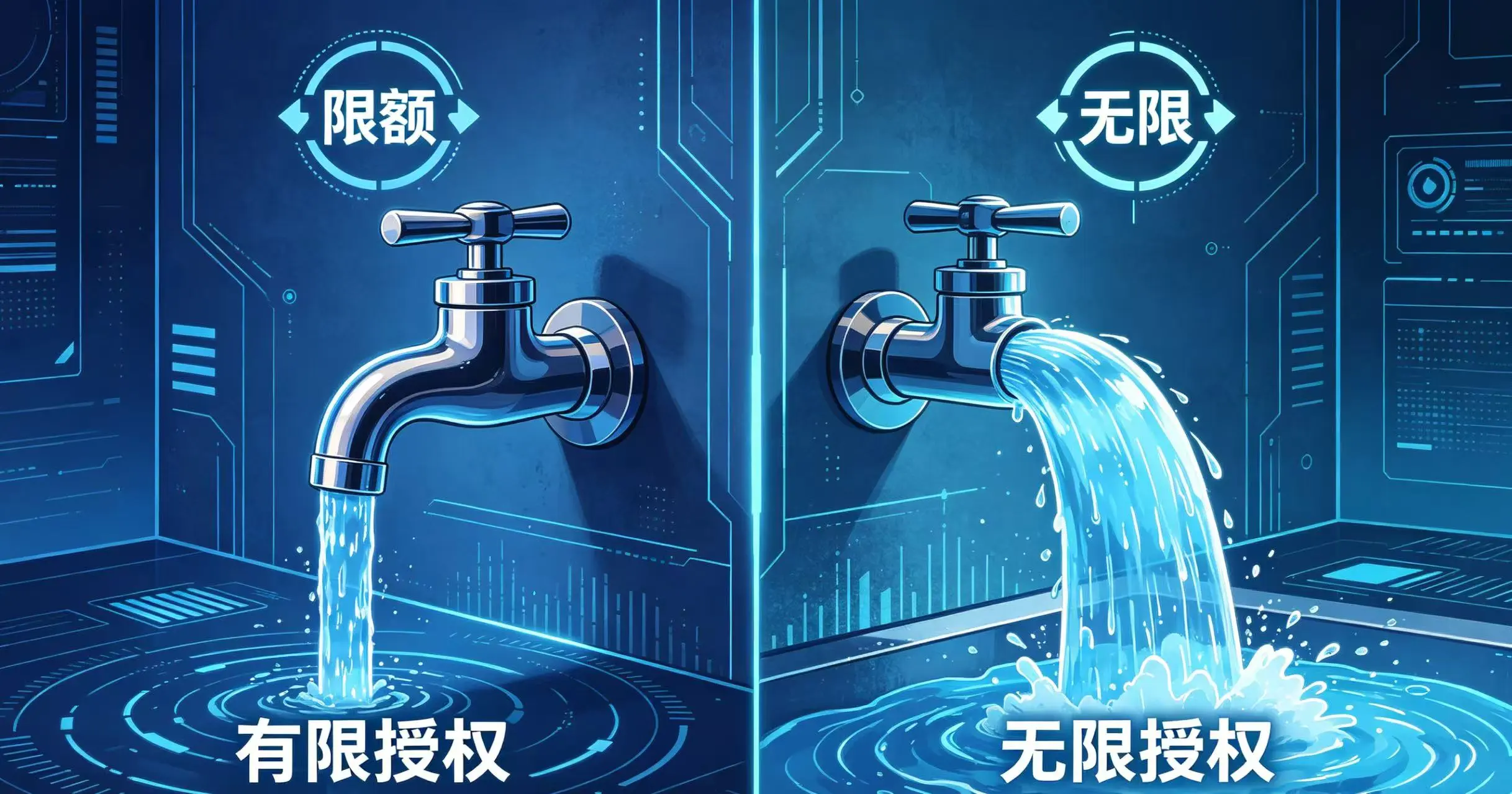 画面一分为二,左边是 “有限授权”,水龙头流出少量水;右边是 “无限授权”,水龙头喷涌大量水,对比两者风险。 画面一分为二,左边是 “有限授权”,水龙头流出少量水;右边是 “无限授权”,水龙头喷涌大量水,对比两者风险。