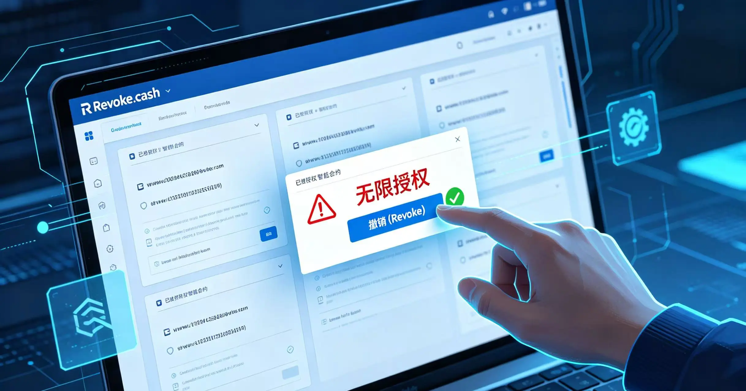电脑屏幕上显示 Revoke.cash 界面,一只手正点击 “无限授权” 合约旁的 “撤销” 按钮,按钮旁出现绿色对勾表示成功。 电脑屏幕上显示 Revoke.cash 界面,一只手正点击 “无限授权” 合约旁的 “撤销” 按钮,按钮旁出现绿色对勾表示成功。