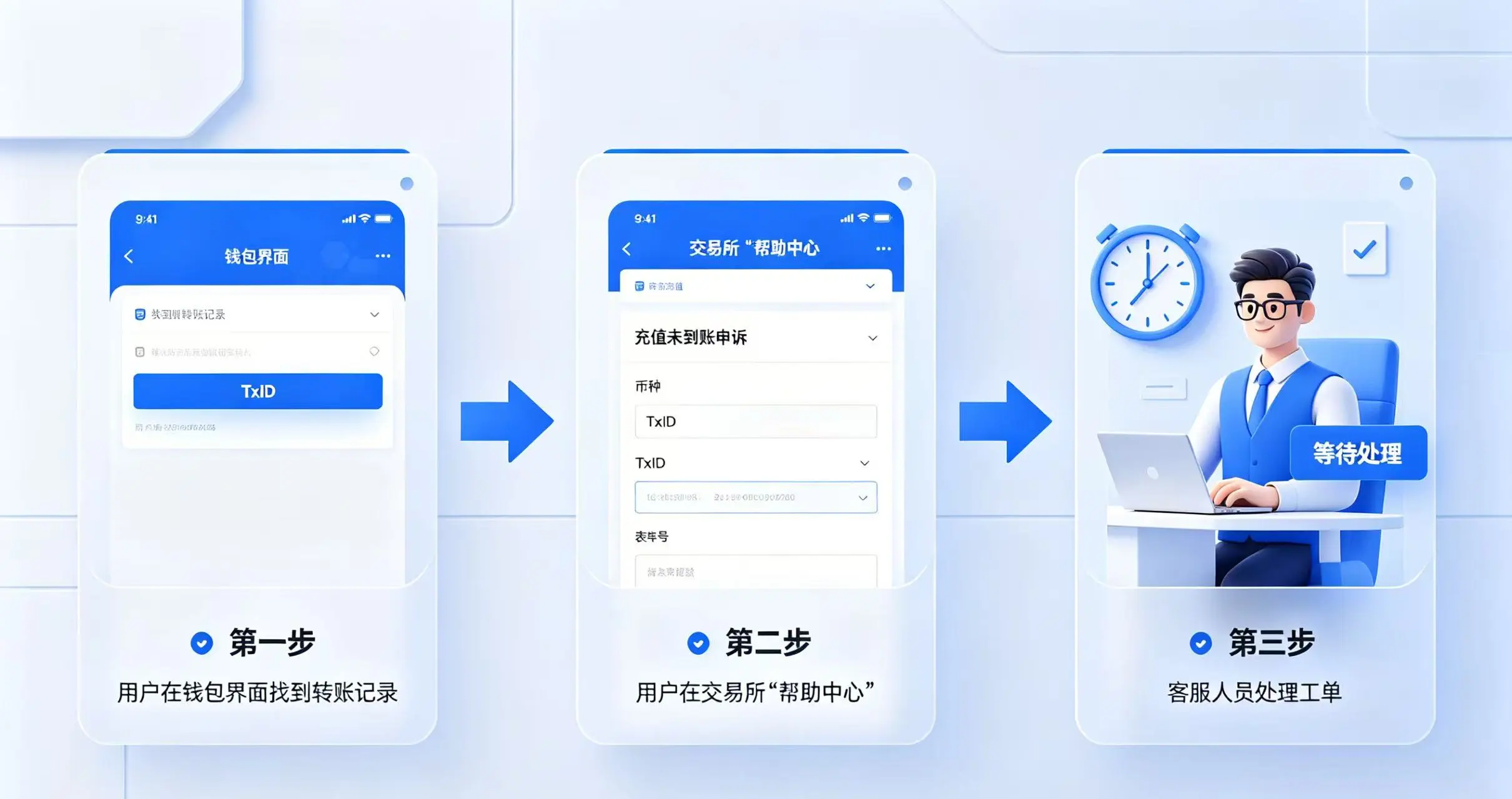可视化展示用户发现问题后,如何通过 “找到 TxID”、“提交申诉”、“等待处理” 这三个步骤来找回资金。 可视化展示用户发现问题后,如何通过 “找到 TxID”、“提交申诉”、“等待处理” 这三个步骤来找回资金。